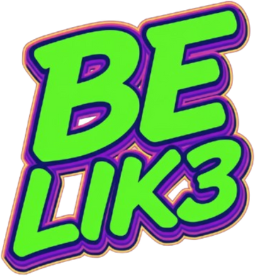 A die-cut sticker featuring the text 'BE LIK3' in a bold, bubbly font. The letters are bright neon green with a thick purple outline and a thin orange inner border, set against a plain white background.