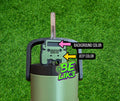 May include: A sage green tumbler with a black lid and handle, featuring a clear straw and a 3D-printed sage green vehicle topper. The topper includes a pink arrow labelled BACKGROUND COLOUR and a yellow arrow labelled JEEP COLOUR. Text reads @BE LIK3.