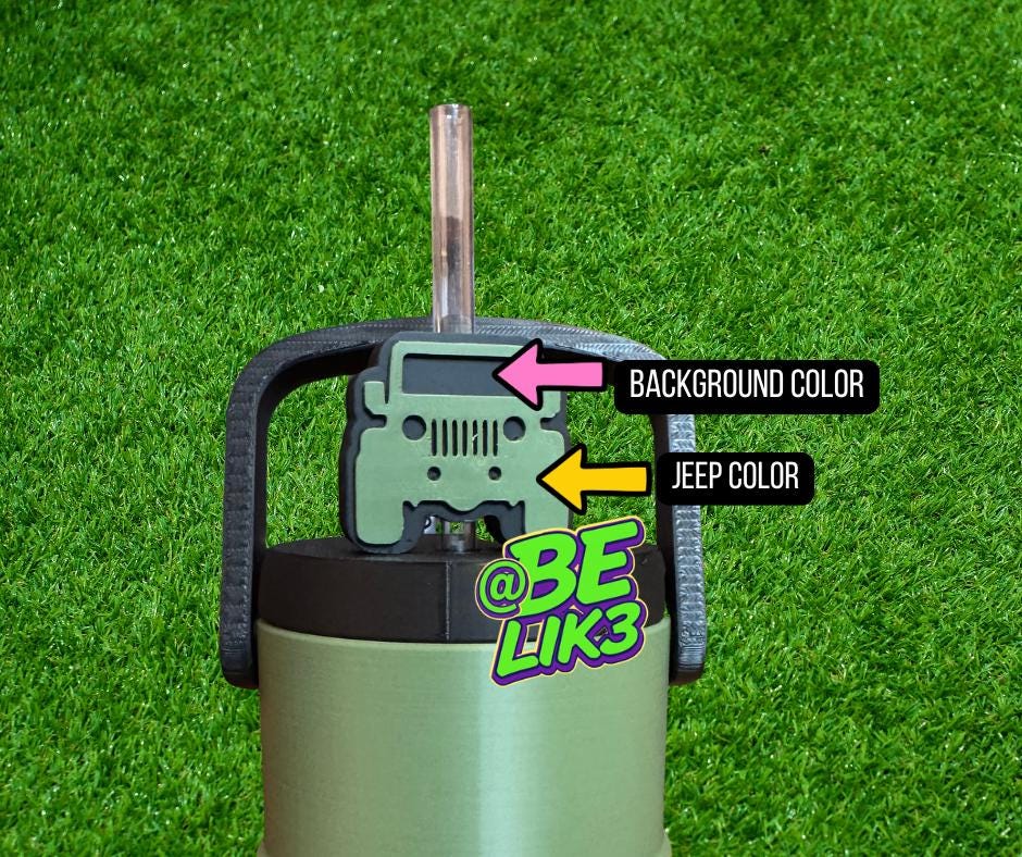 May include: A sage green tumbler with a black lid and handle, featuring a clear straw and a 3D-printed sage green vehicle topper. The topper includes a pink arrow labelled BACKGROUND COLOUR and a yellow arrow labelled JEEP COLOUR. Text reads @BE LIK3.